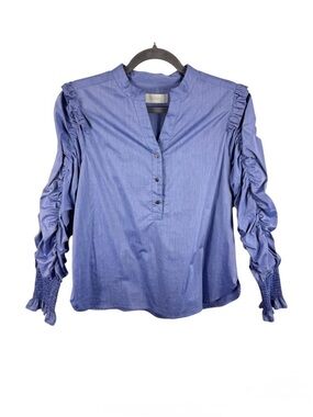 NOEN Ruched Sleeve V Neck Button‎ Up Shirt Blue Cotton Blend Womens Size S